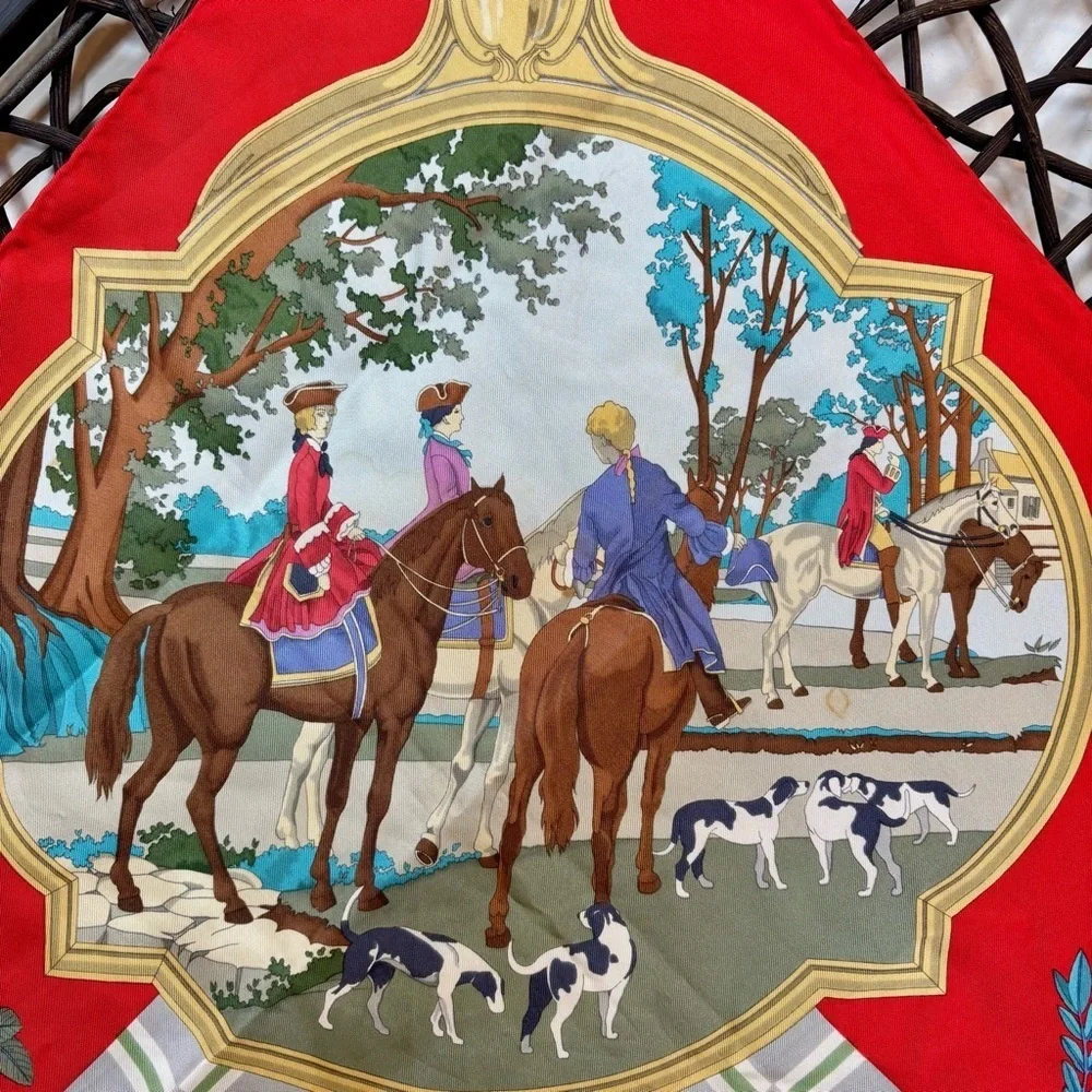 GUCCI Vintage Silk Scarf 34” Red Equestrian Hunting Print Italy